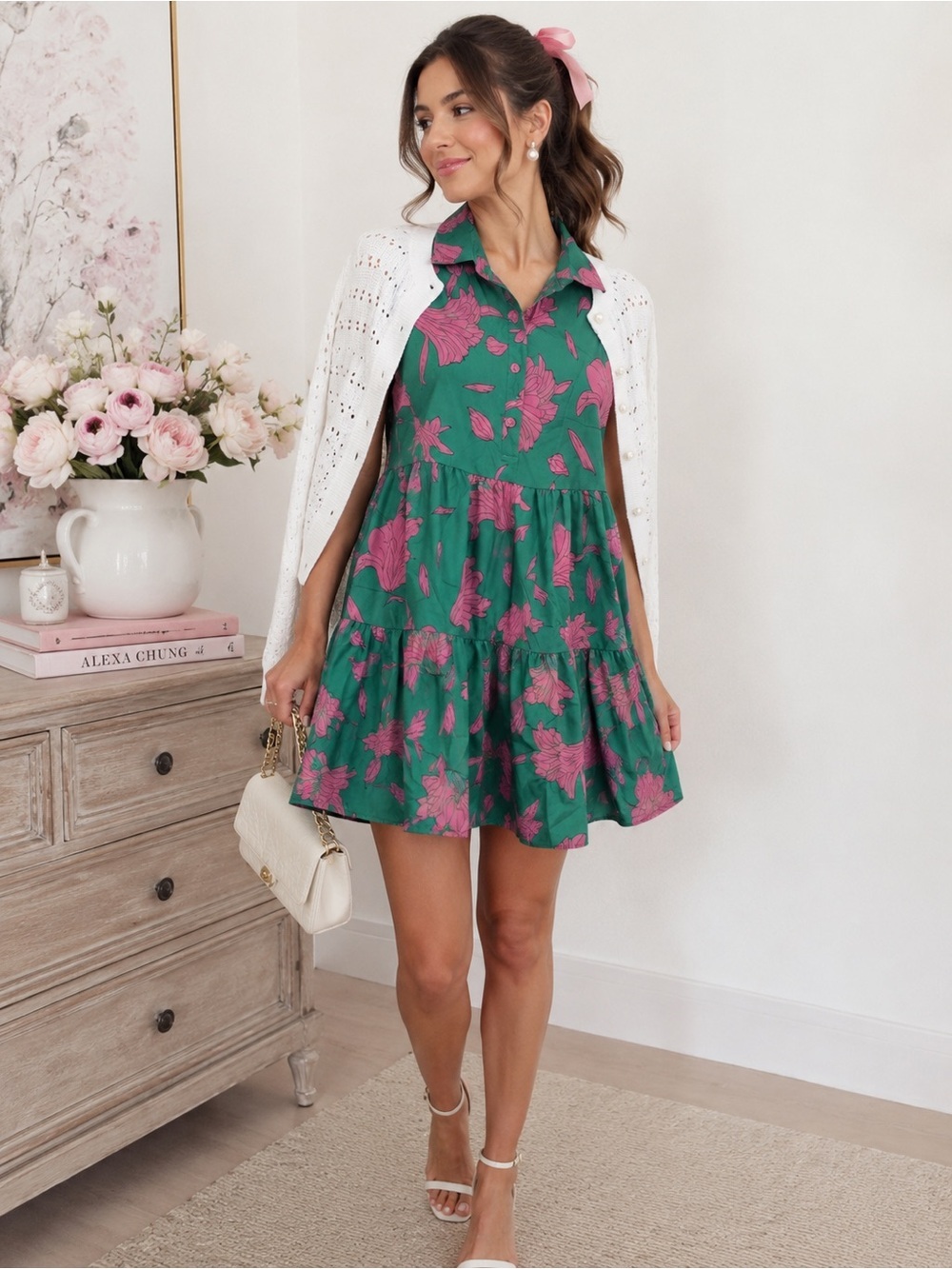 Green & Pink Floral Tiered Mini Dress Cottagecore Summer Vacation Dress